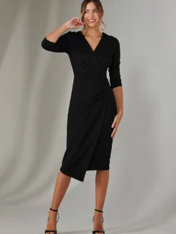 Jolie Moi Occasion Dresses|Wrap Dresses-Metallic Wrap Bodycon Dress, Black