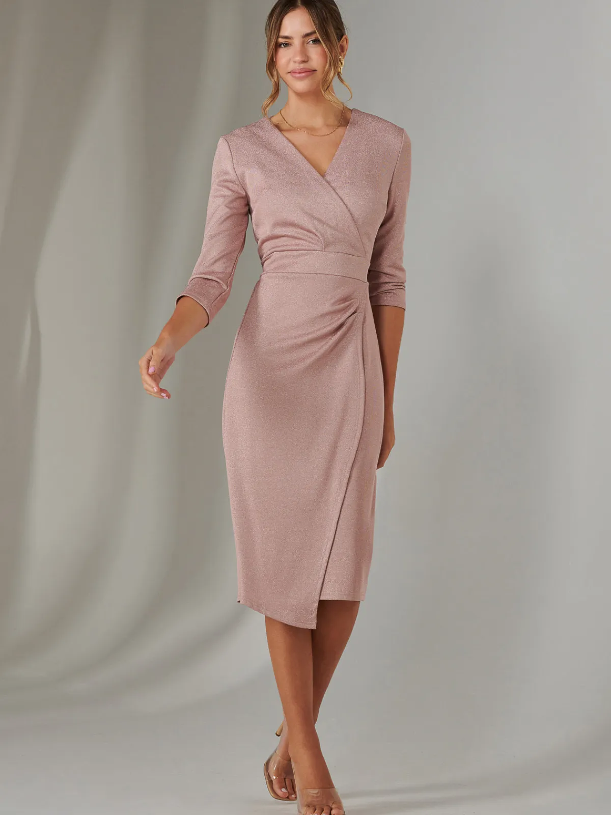 Jolie Moi Occasion Dresses|Wrap Dresses-Metallic Wrap Bodycon Dress, Pink