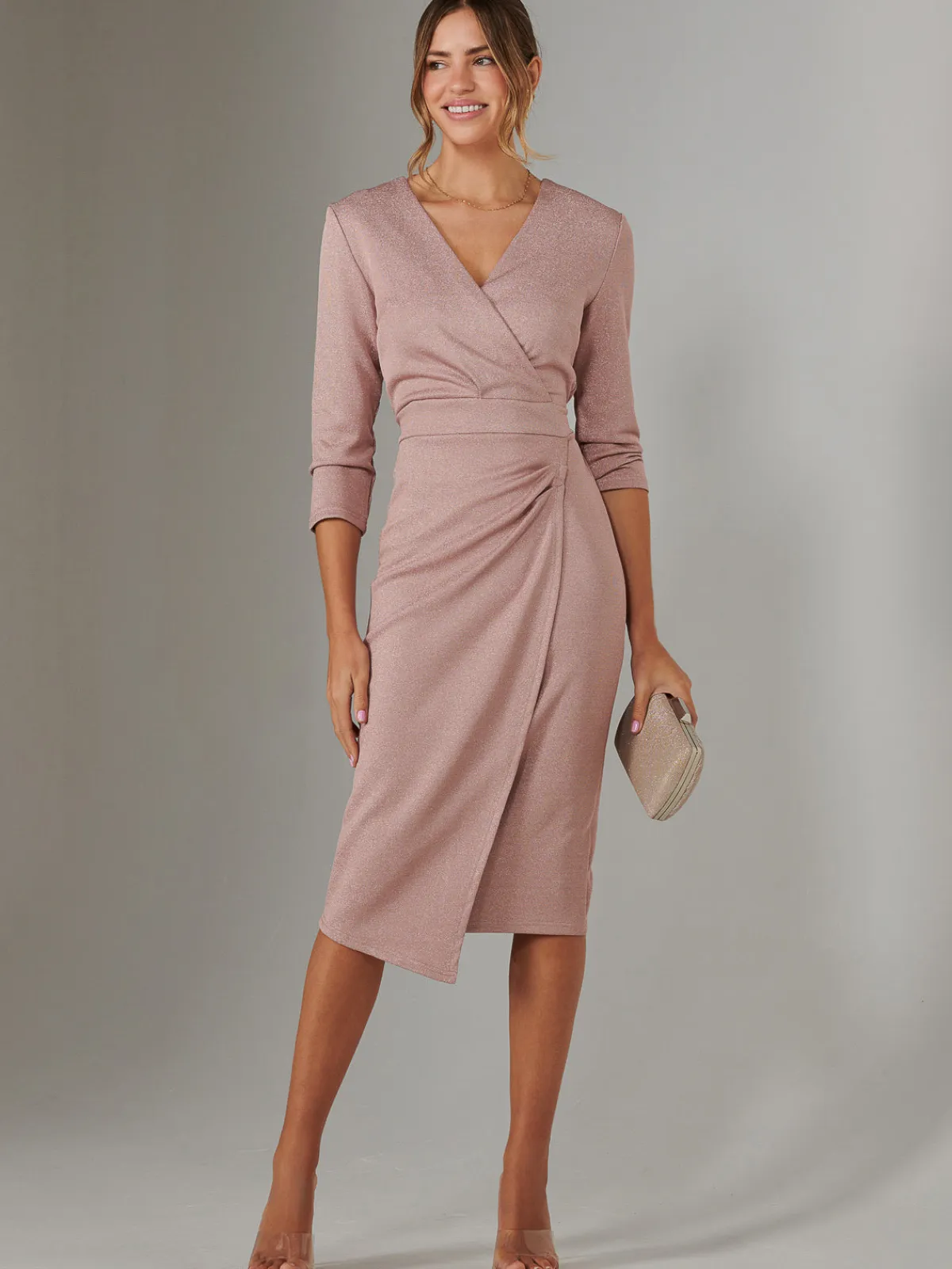Jolie Moi Occasion Dresses|Wrap Dresses-Metallic Wrap Bodycon Dress, Pink