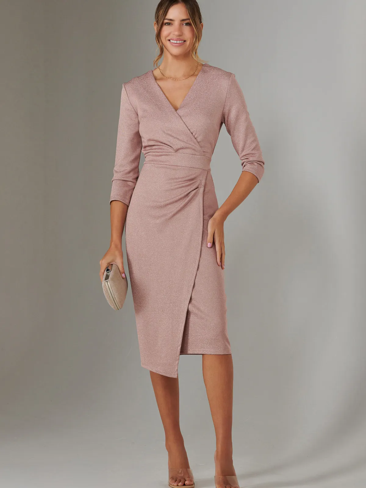 Jolie Moi Occasion Dresses|Wrap Dresses-Metallic Wrap Bodycon Dress, Pink
