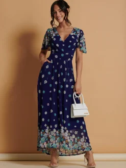 Jolie Moi Occasion Dresses|Mesh Dresses-Mirrored Angel Sleeve Mesh Maxi Dress, Blue Floral