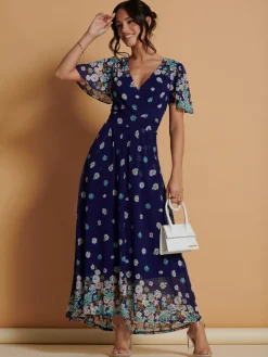 Jolie Moi Occasion Dresses|Mesh Dresses-Mirrored Angel Sleeve Mesh Maxi Dress, Blue Floral