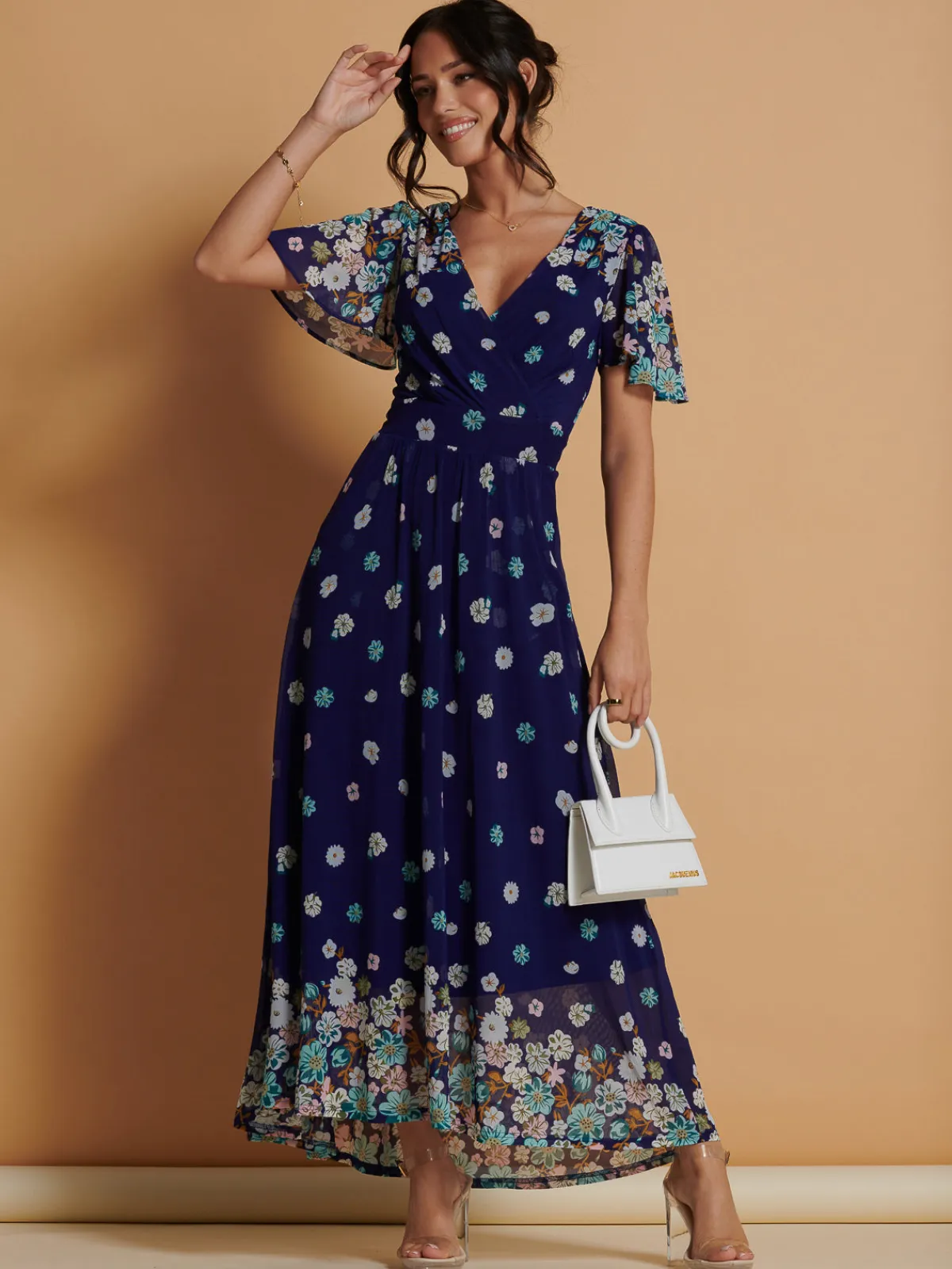 Jolie Moi Occasion Dresses|Mesh Dresses-Mirrored Angel Sleeve Mesh Maxi Dress, Blue Floral