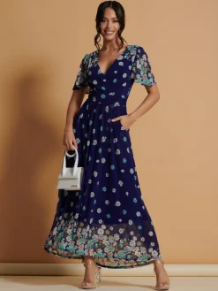 Jolie Moi Occasion Dresses|Mesh Dresses-Mirrored Angel Sleeve Mesh Maxi Dress, Blue Floral