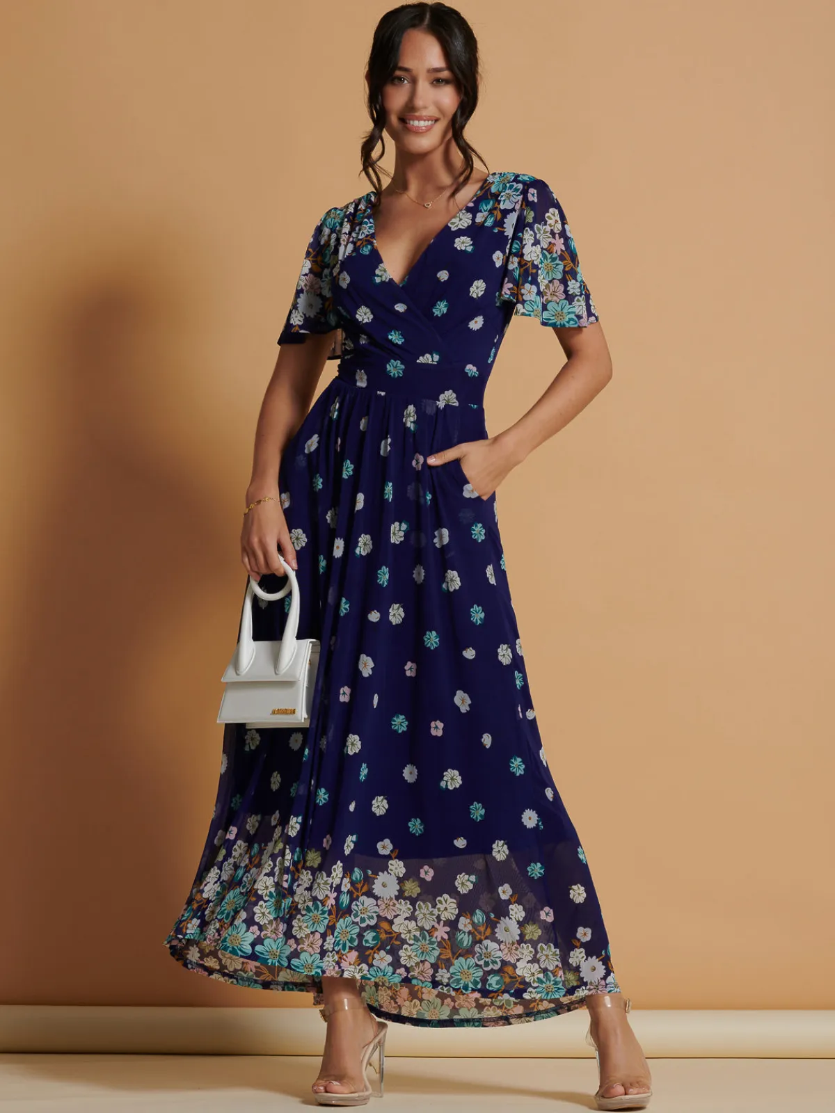Jolie Moi Occasion Dresses|Mesh Dresses-Mirrored Angel Sleeve Mesh Maxi Dress, Blue Floral