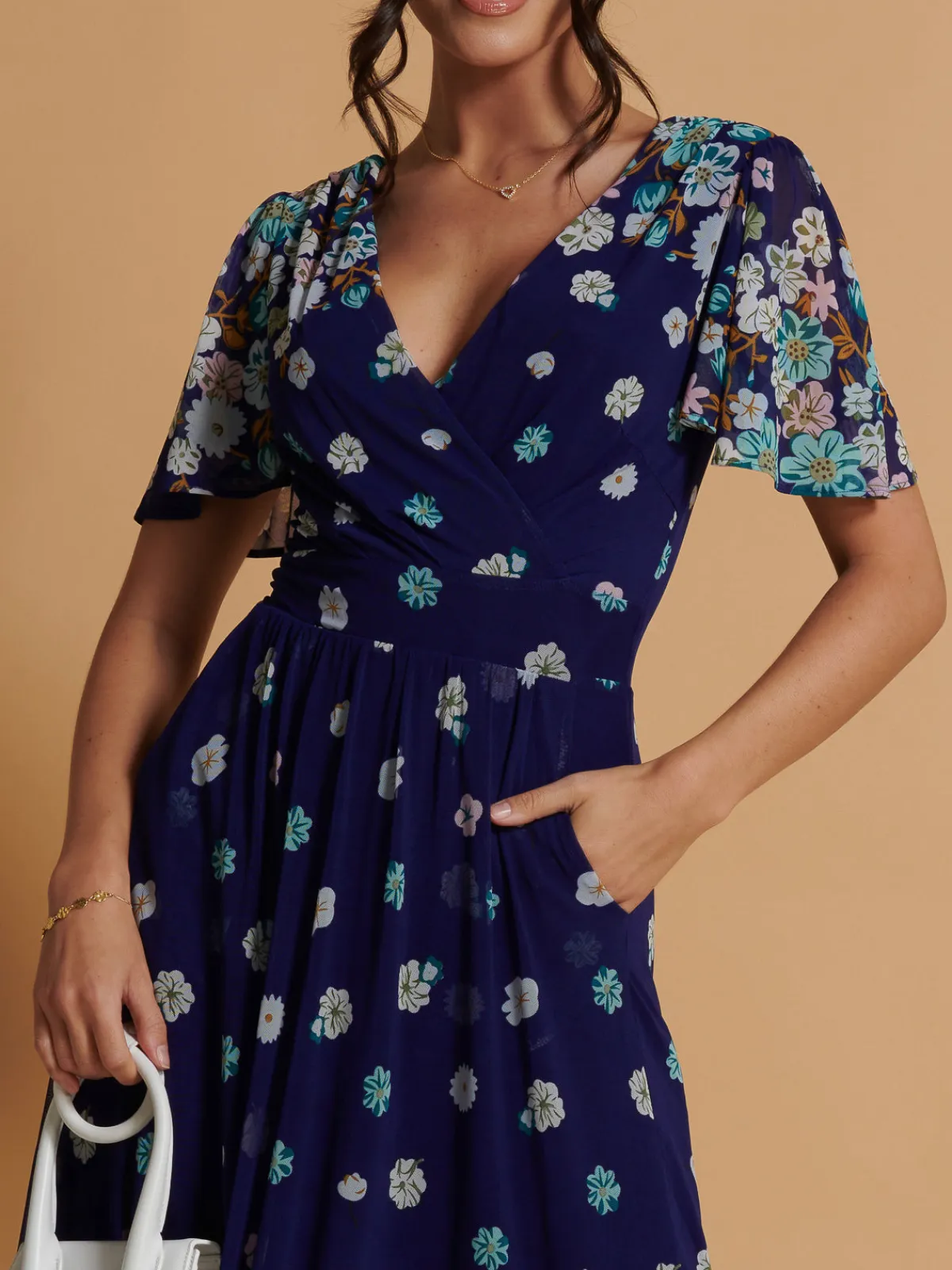 Jolie Moi Occasion Dresses|Mesh Dresses-Mirrored Angel Sleeve Mesh Maxi Dress, Blue Floral