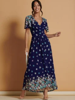 Jolie Moi Occasion Dresses|Mesh Dresses-Mirrored Angel Sleeve Mesh Maxi Dress, Blue Floral