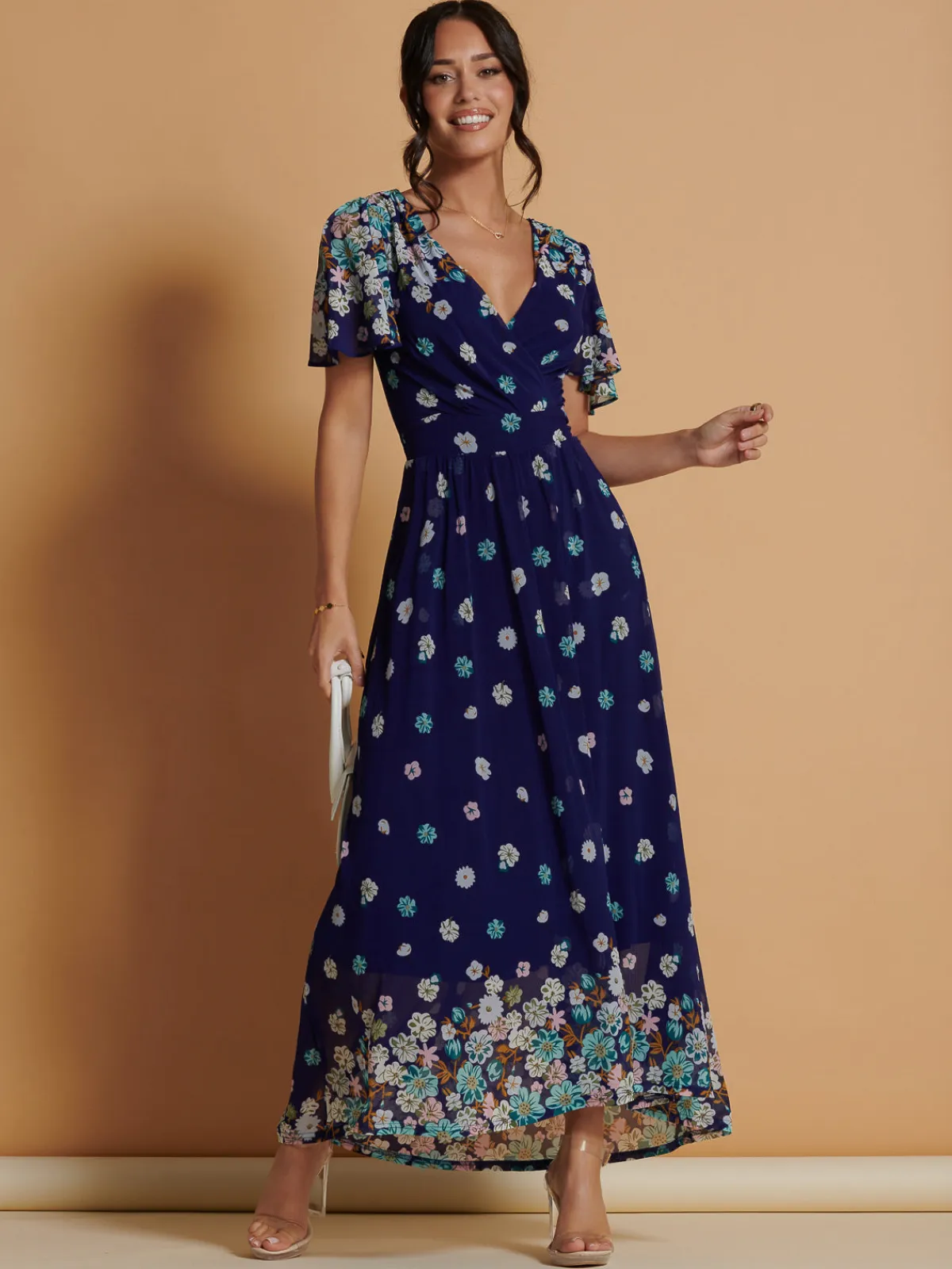 Jolie Moi Occasion Dresses|Mesh Dresses-Mirrored Angel Sleeve Mesh Maxi Dress, Blue Floral