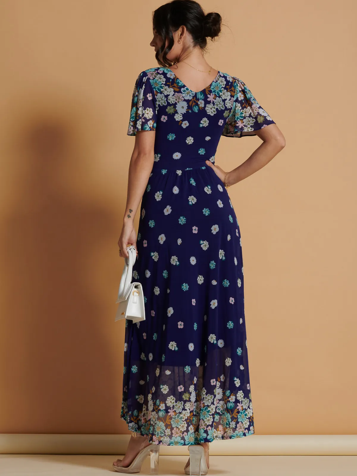 Jolie Moi Occasion Dresses|Mesh Dresses-Mirrored Angel Sleeve Mesh Maxi Dress, Blue Floral