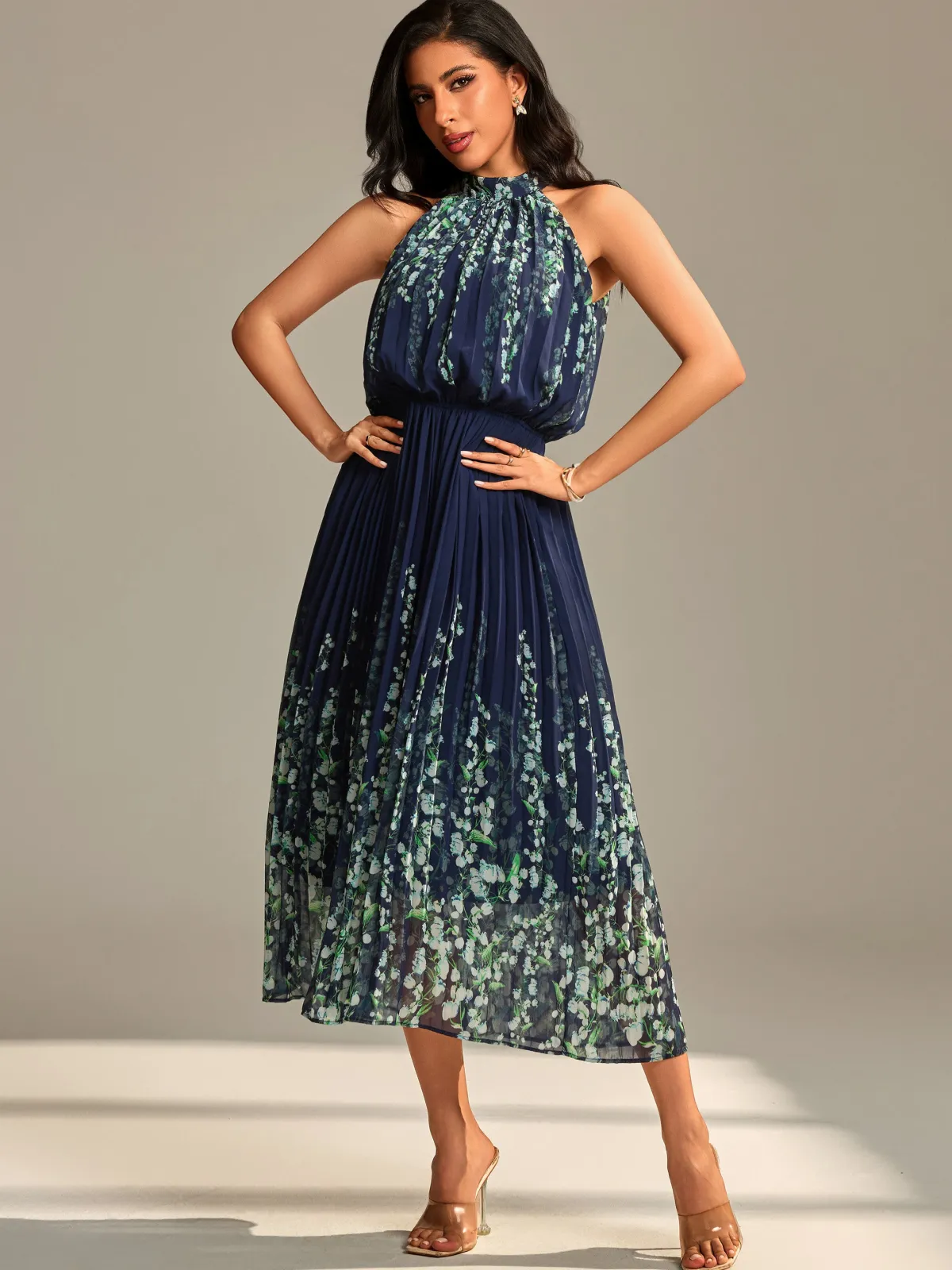 Jolie Moi Occasion Dresses|Floral Dresses-Mirrored Chiffon Pleated Halter Neck Maxi, Navy Multi
