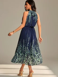 Jolie Moi Occasion Dresses|Floral Dresses-Mirrored Chiffon Pleated Halter Neck Maxi, Navy Multi