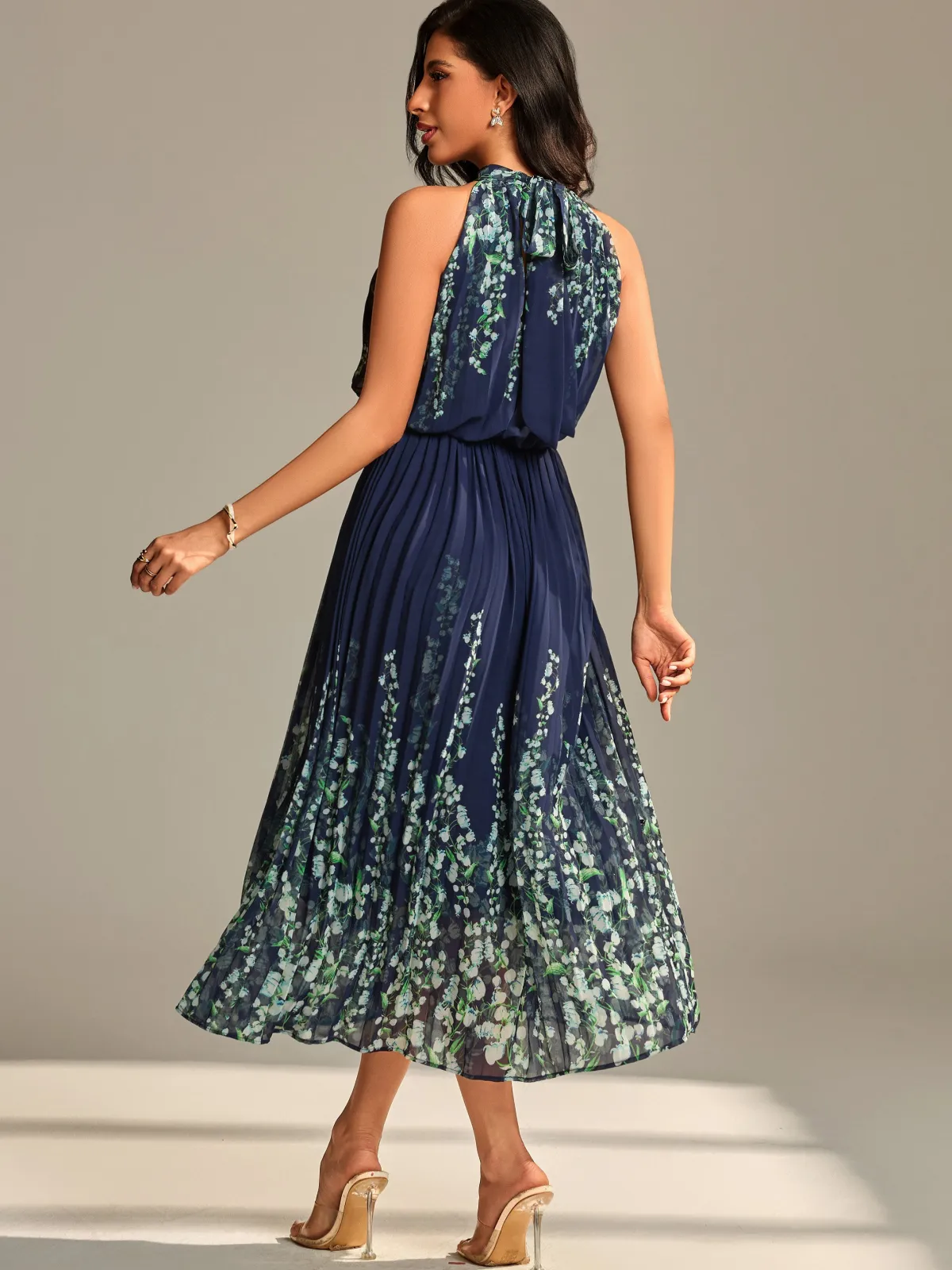 Jolie Moi Occasion Dresses|Floral Dresses-Mirrored Chiffon Pleated Halter Neck Maxi, Navy Multi