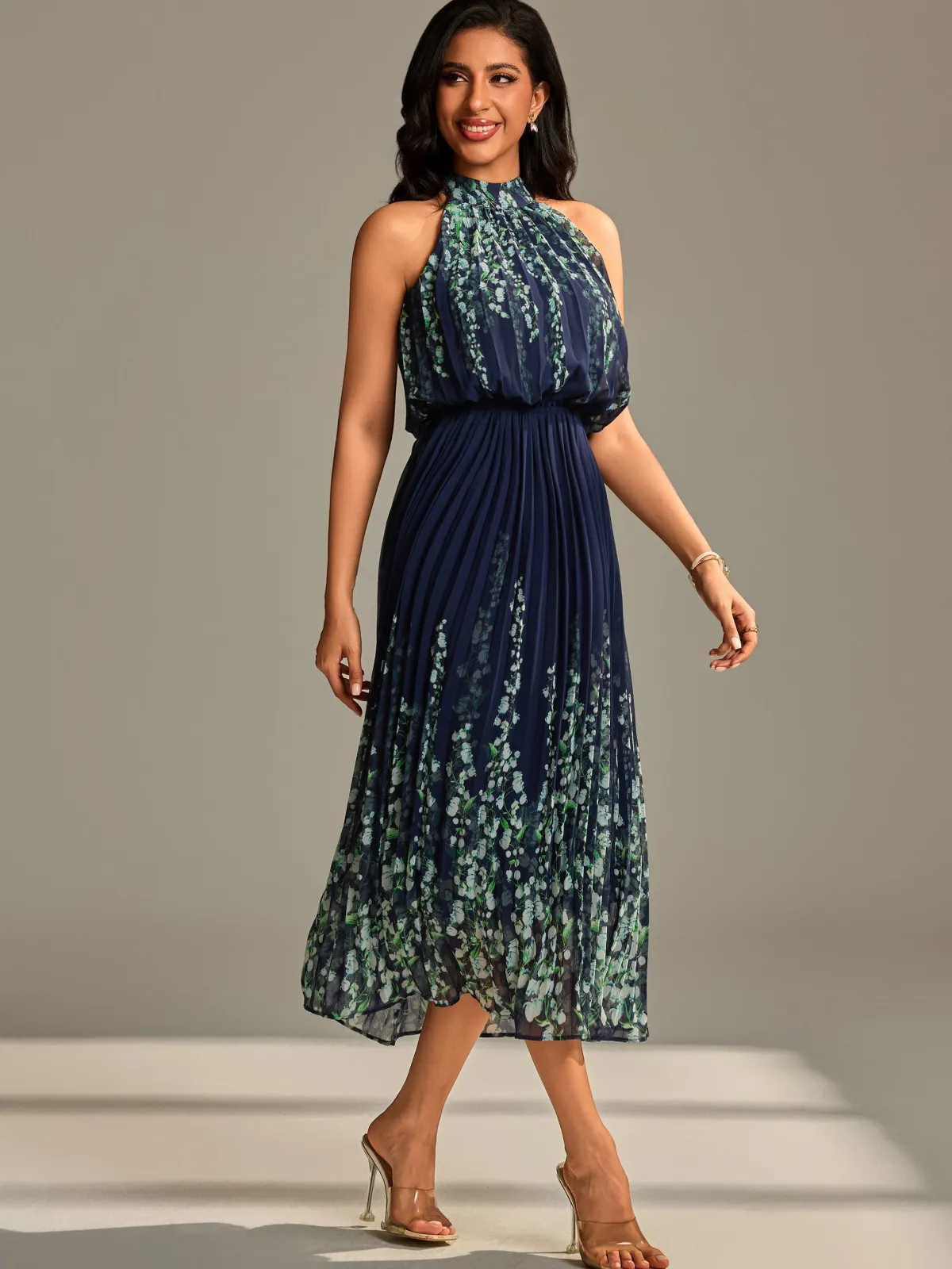Jolie Moi Occasion Dresses|Floral Dresses-Mirrored Chiffon Pleated Halter Neck Maxi, Navy Multi