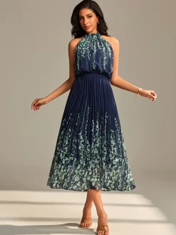 Jolie Moi Occasion Dresses|Floral Dresses-Mirrored Chiffon Pleated Halter Neck Maxi, Navy Multi