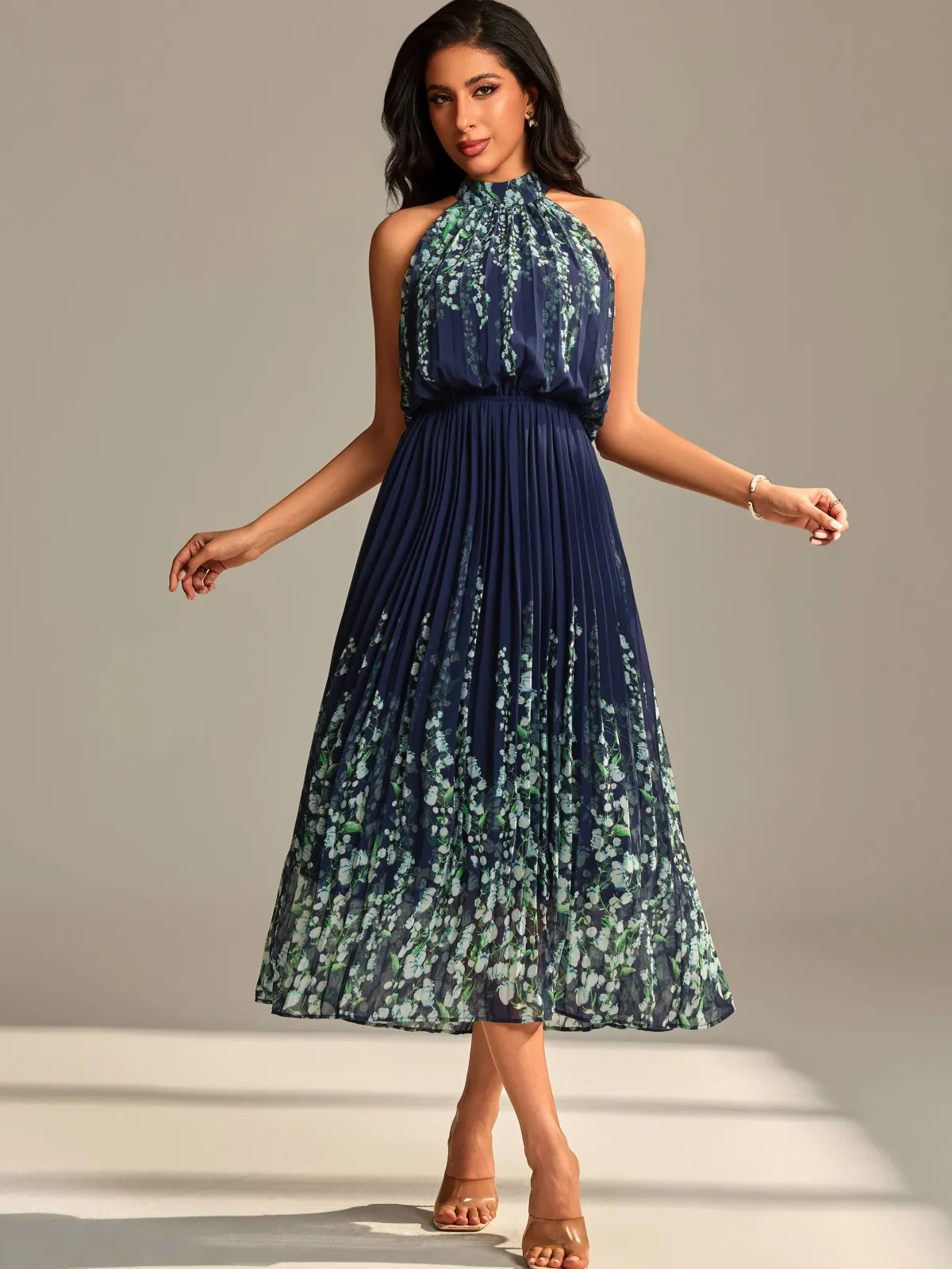 Jolie Moi Occasion Dresses|Floral Dresses-Mirrored Chiffon Pleated Halter Neck Maxi, Navy Multi