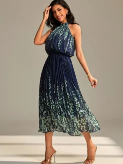 Jolie Moi Occasion Dresses|Floral Dresses-Mirrored Chiffon Pleated Halter Neck Maxi, Navy Multi