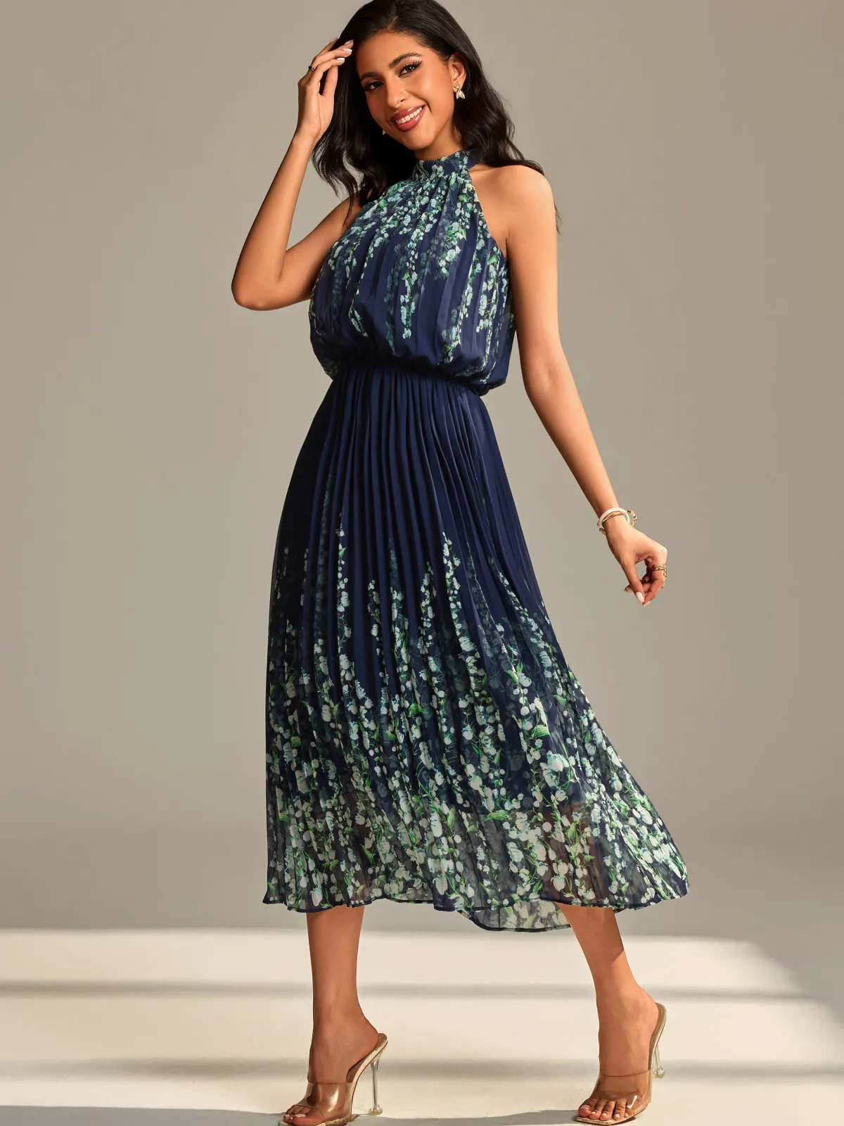 Jolie Moi Occasion Dresses|Floral Dresses-Mirrored Chiffon Pleated Halter Neck Maxi, Navy Multi