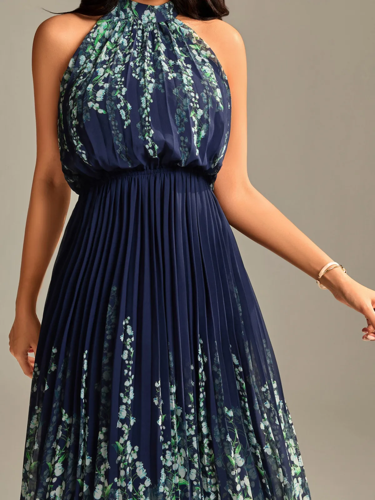 Jolie Moi Occasion Dresses|Floral Dresses-Mirrored Chiffon Pleated Halter Neck Maxi, Navy Multi