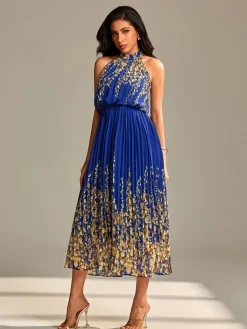Jolie Moi Occasion Dresses|Floral Dresses-Mirrored Chiffon Pleated Halter Neck Maxi, Royal Multi