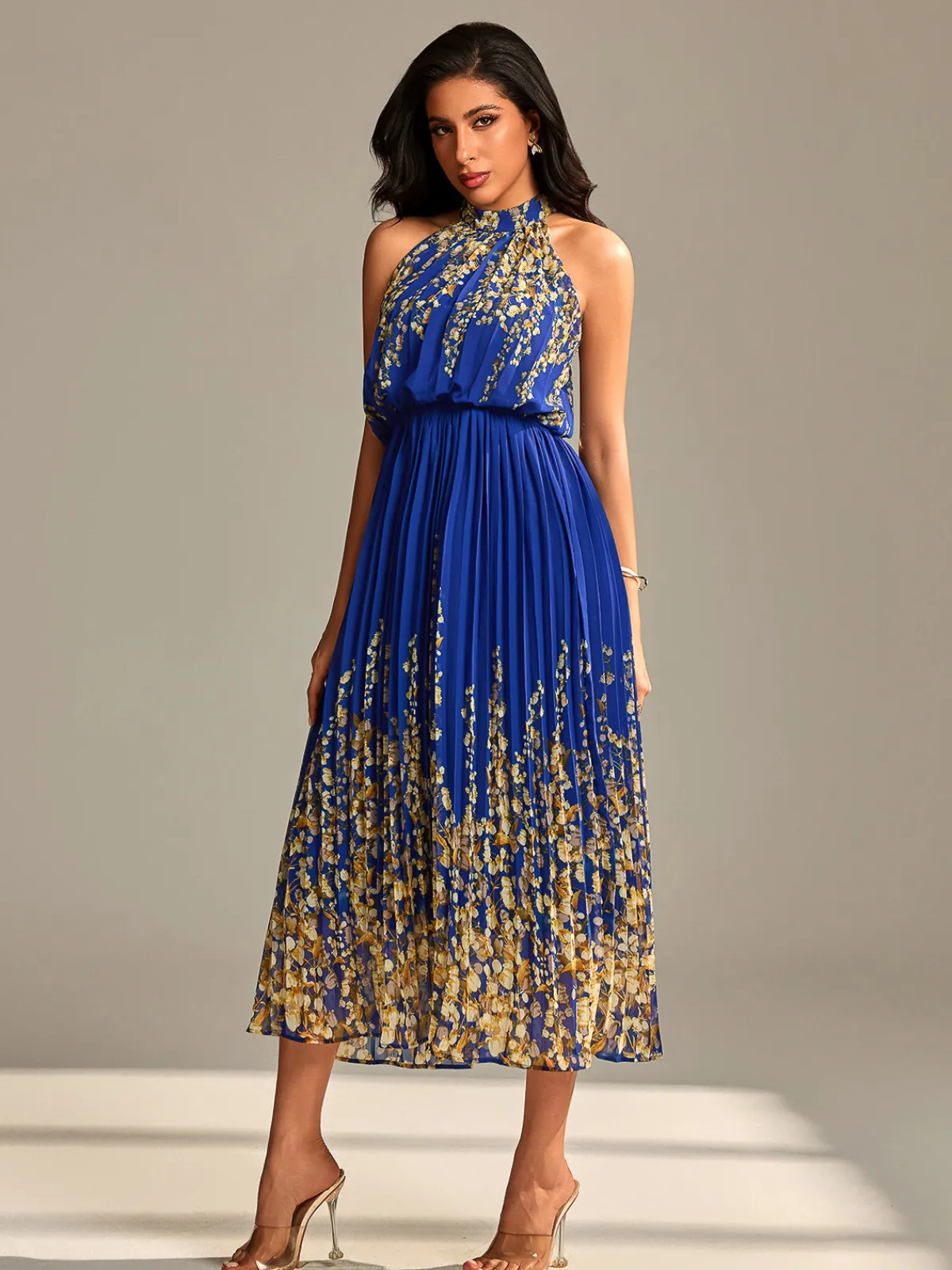Jolie Moi Occasion Dresses|Floral Dresses-Mirrored Chiffon Pleated Halter Neck Maxi, Royal Multi
