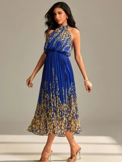 Jolie Moi Occasion Dresses|Floral Dresses-Mirrored Chiffon Pleated Halter Neck Maxi, Royal Multi