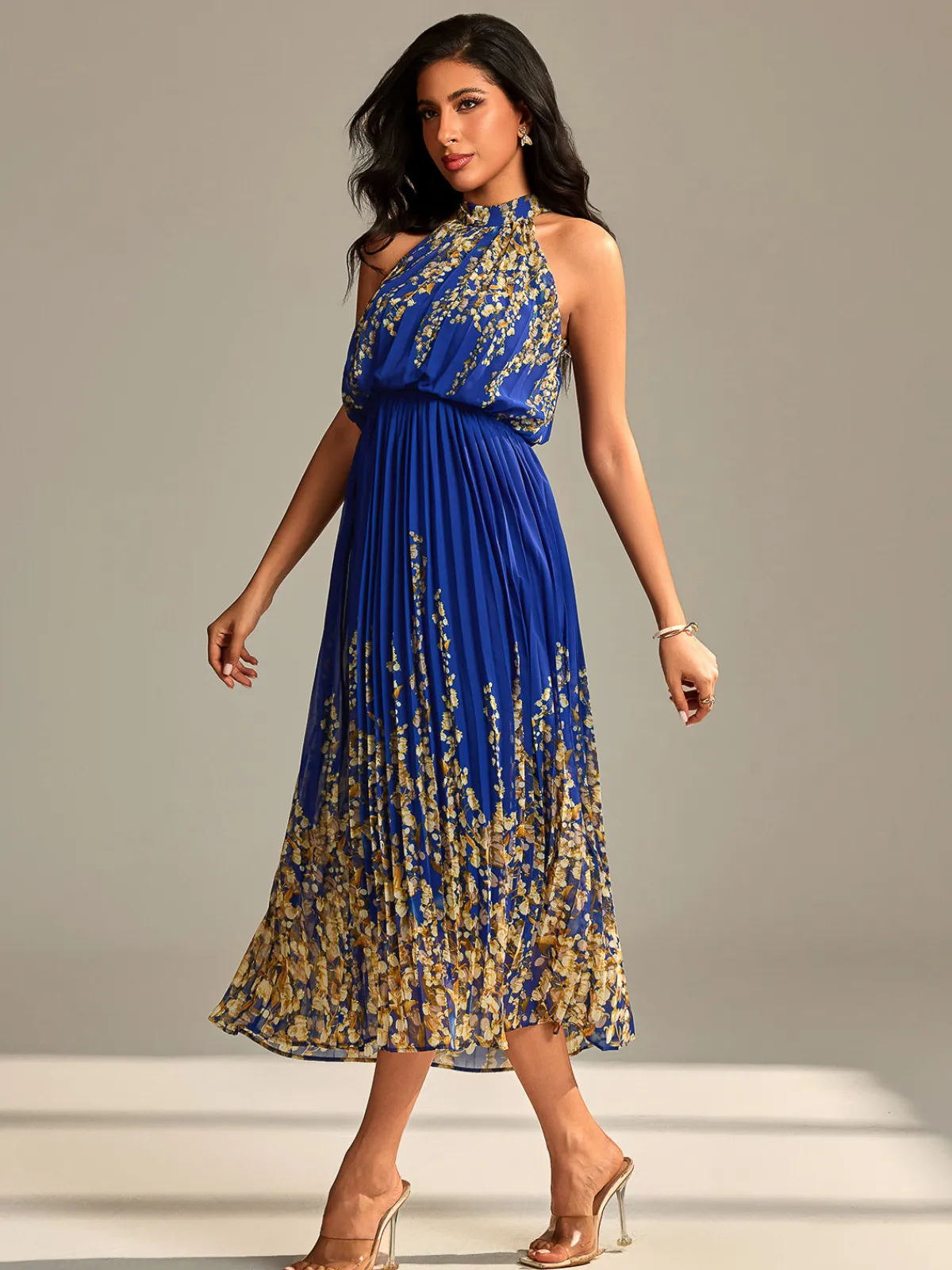 Jolie Moi Occasion Dresses|Floral Dresses-Mirrored Chiffon Pleated Halter Neck Maxi, Royal Multi
