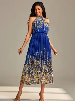 Jolie Moi Occasion Dresses|Floral Dresses-Mirrored Chiffon Pleated Halter Neck Maxi, Royal Multi