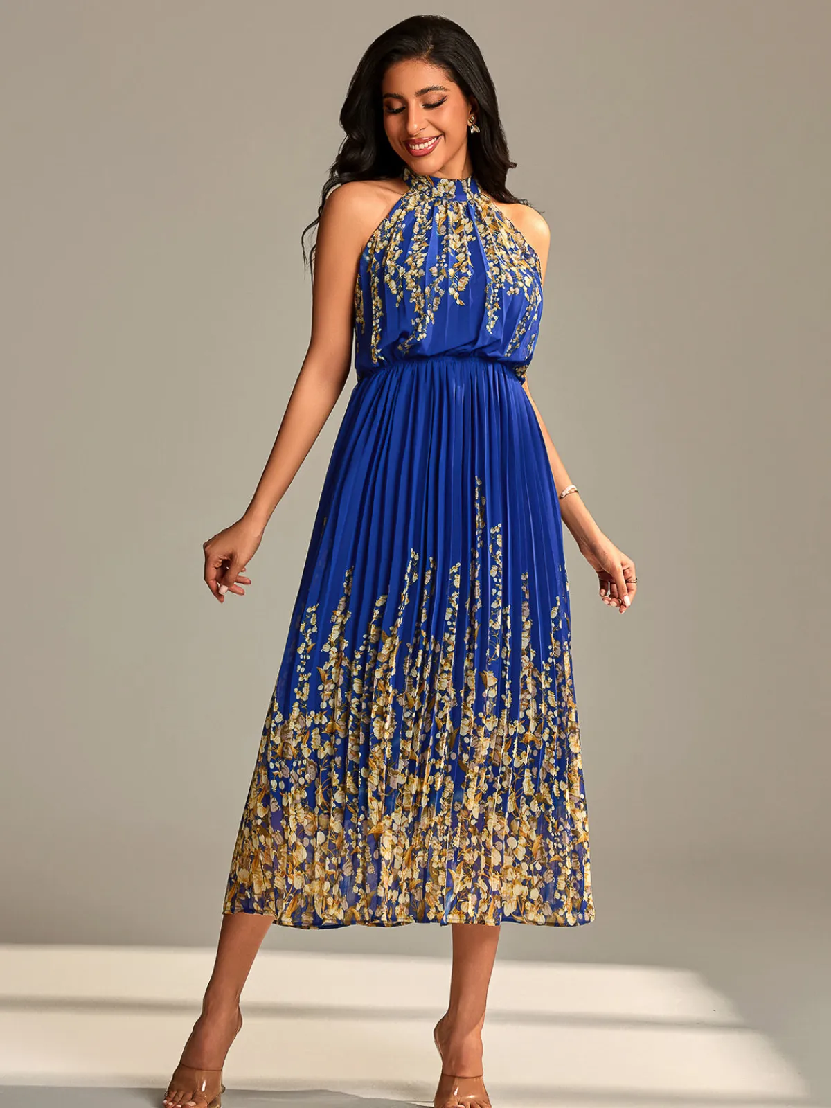 Jolie Moi Occasion Dresses|Floral Dresses-Mirrored Chiffon Pleated Halter Neck Maxi, Royal Multi