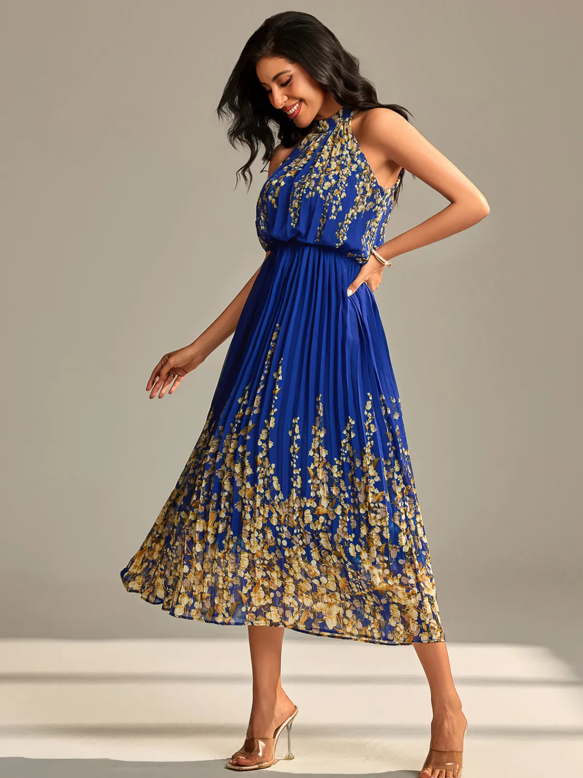 Jolie Moi Occasion Dresses|Floral Dresses-Mirrored Chiffon Pleated Halter Neck Maxi, Royal Multi
