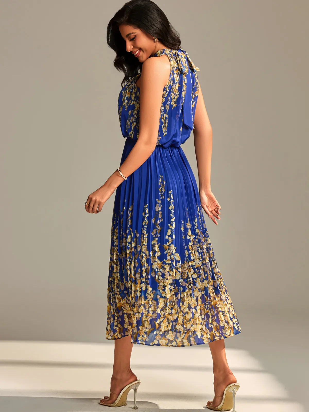 Jolie Moi Occasion Dresses|Floral Dresses-Mirrored Chiffon Pleated Halter Neck Maxi, Royal Multi