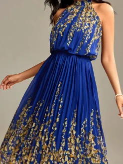 Jolie Moi Occasion Dresses|Floral Dresses-Mirrored Chiffon Pleated Halter Neck Maxi, Royal Multi