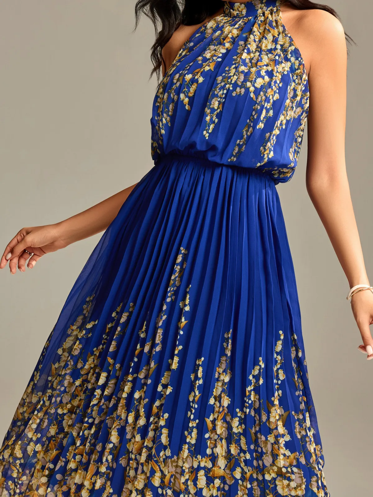 Jolie Moi Occasion Dresses|Floral Dresses-Mirrored Chiffon Pleated Halter Neck Maxi, Royal Multi