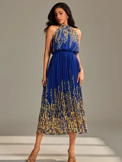 Jolie Moi Occasion Dresses|Floral Dresses-Mirrored Chiffon Pleated Halter Neck Maxi, Royal Multi
