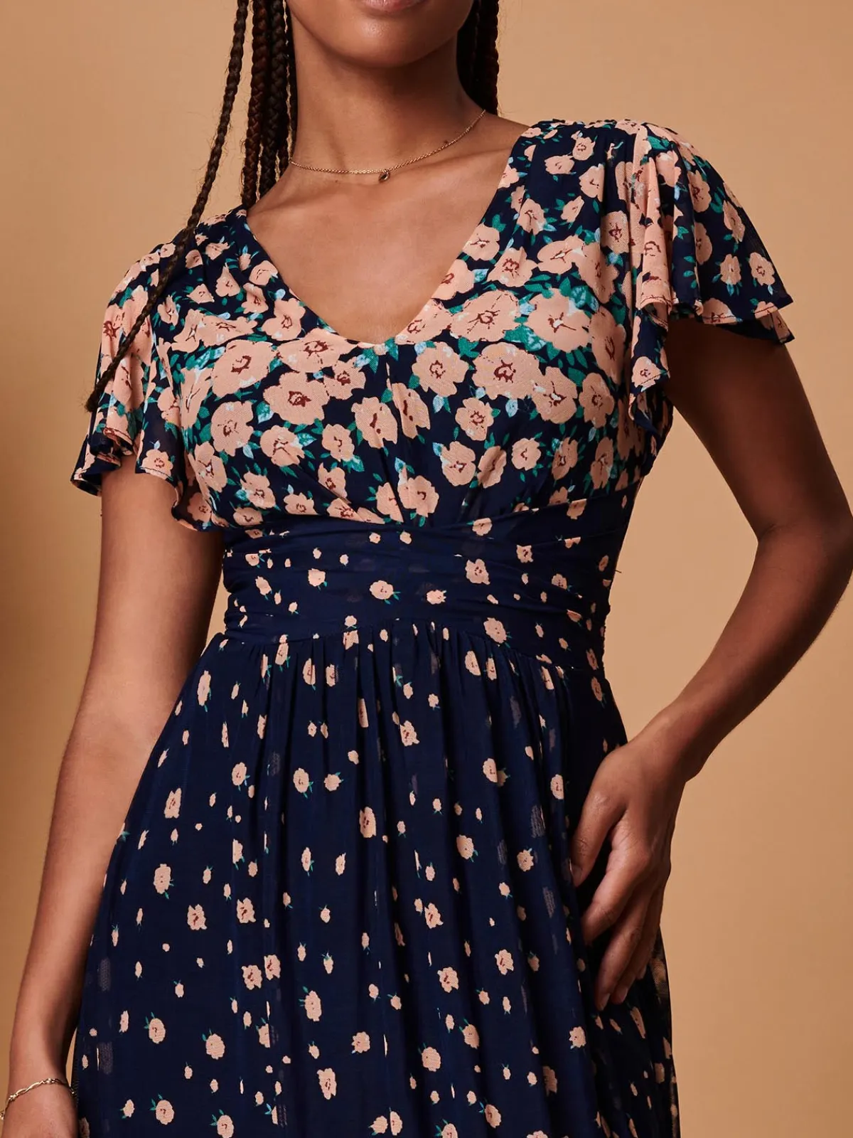 Jolie Moi Occasion Dresses|Mesh Dresses-Mirrored Floral Print Mesh Maxi Dress, Navy Multi