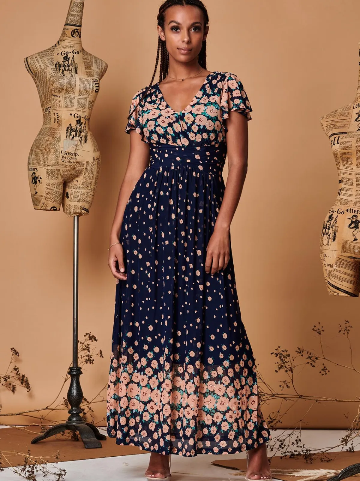 Jolie Moi Occasion Dresses|Mesh Dresses-Mirrored Floral Print Mesh Maxi Dress, Navy Multi