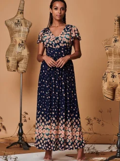Jolie Moi Occasion Dresses|Mesh Dresses-Mirrored Floral Print Mesh Maxi Dress, Navy Multi