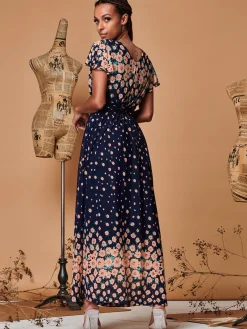 Jolie Moi Occasion Dresses|Mesh Dresses-Mirrored Floral Print Mesh Maxi Dress, Navy Multi