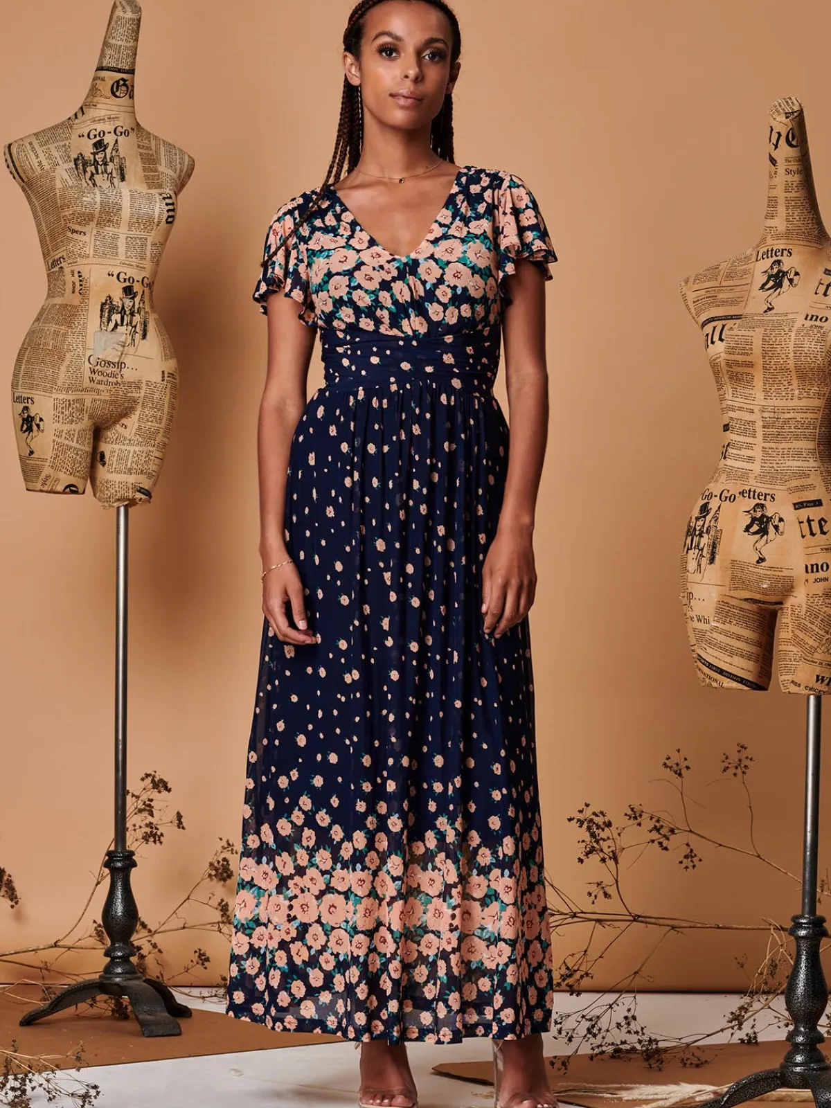 Jolie Moi Occasion Dresses|Mesh Dresses-Mirrored Floral Print Mesh Maxi Dress, Navy Multi