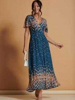 Jolie Moi Occasion Dresses|Floral Dresses-Mirrored Mesh Angel Sleeve Maxi Dress, Teal