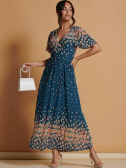 Jolie Moi Occasion Dresses|Floral Dresses-Mirrored Mesh Angel Sleeve Maxi Dress, Teal
