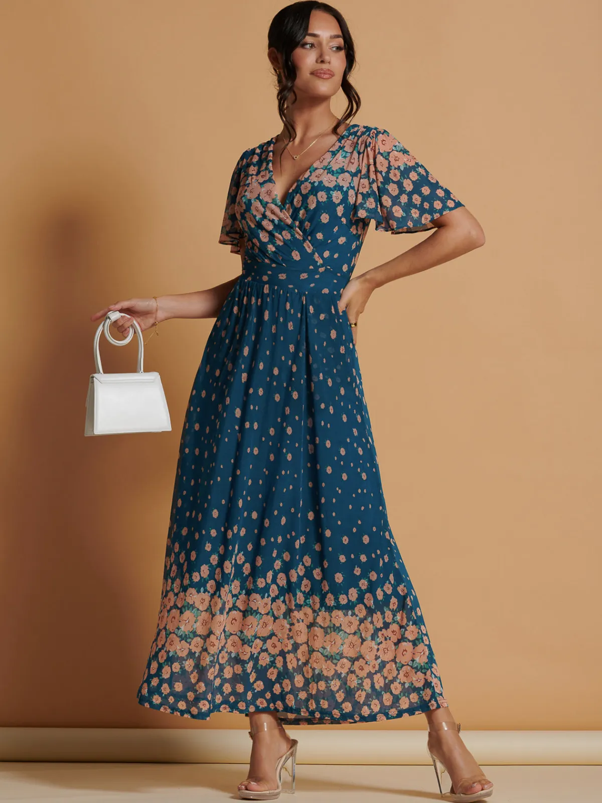 Jolie Moi Occasion Dresses|Floral Dresses-Mirrored Mesh Angel Sleeve Maxi Dress, Teal