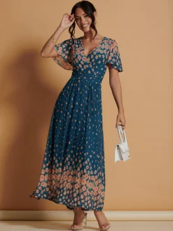 Jolie Moi Occasion Dresses|Floral Dresses-Mirrored Mesh Angel Sleeve Maxi Dress, Teal