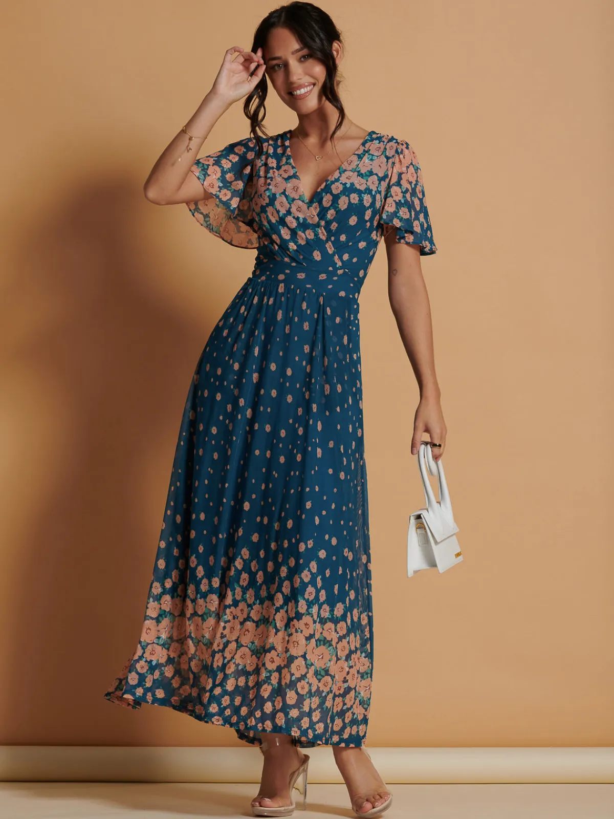 Jolie Moi Occasion Dresses|Floral Dresses-Mirrored Mesh Angel Sleeve Maxi Dress, Teal