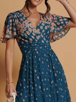 Jolie Moi Occasion Dresses|Floral Dresses-Mirrored Mesh Angel Sleeve Maxi Dress, Teal