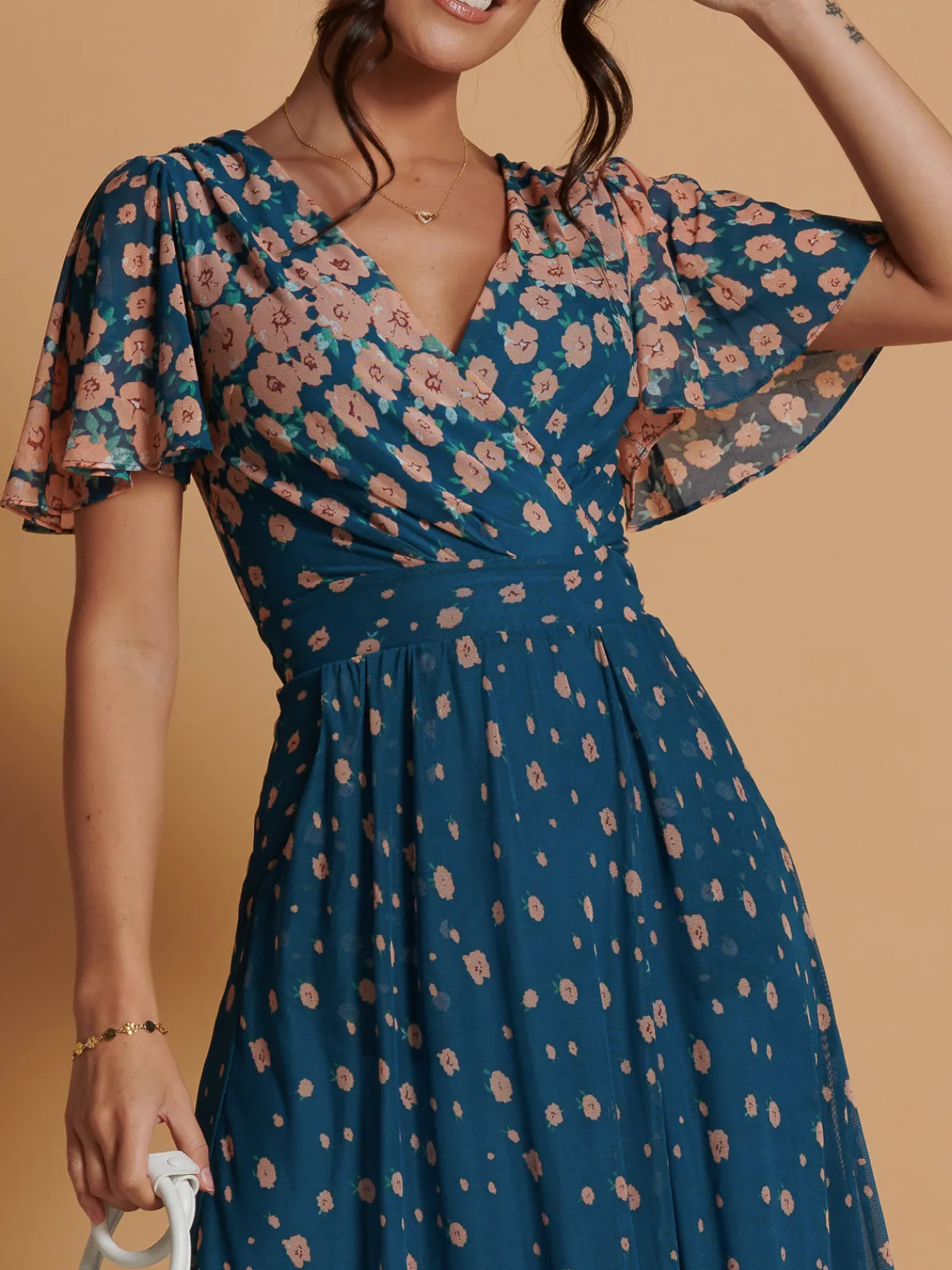 Jolie Moi Occasion Dresses|Floral Dresses-Mirrored Mesh Angel Sleeve Maxi Dress, Teal