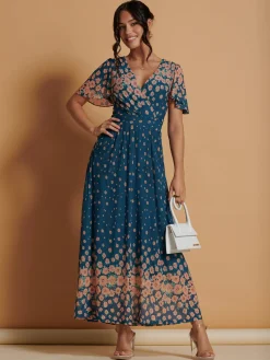 Jolie Moi Occasion Dresses|Floral Dresses-Mirrored Mesh Angel Sleeve Maxi Dress, Teal
