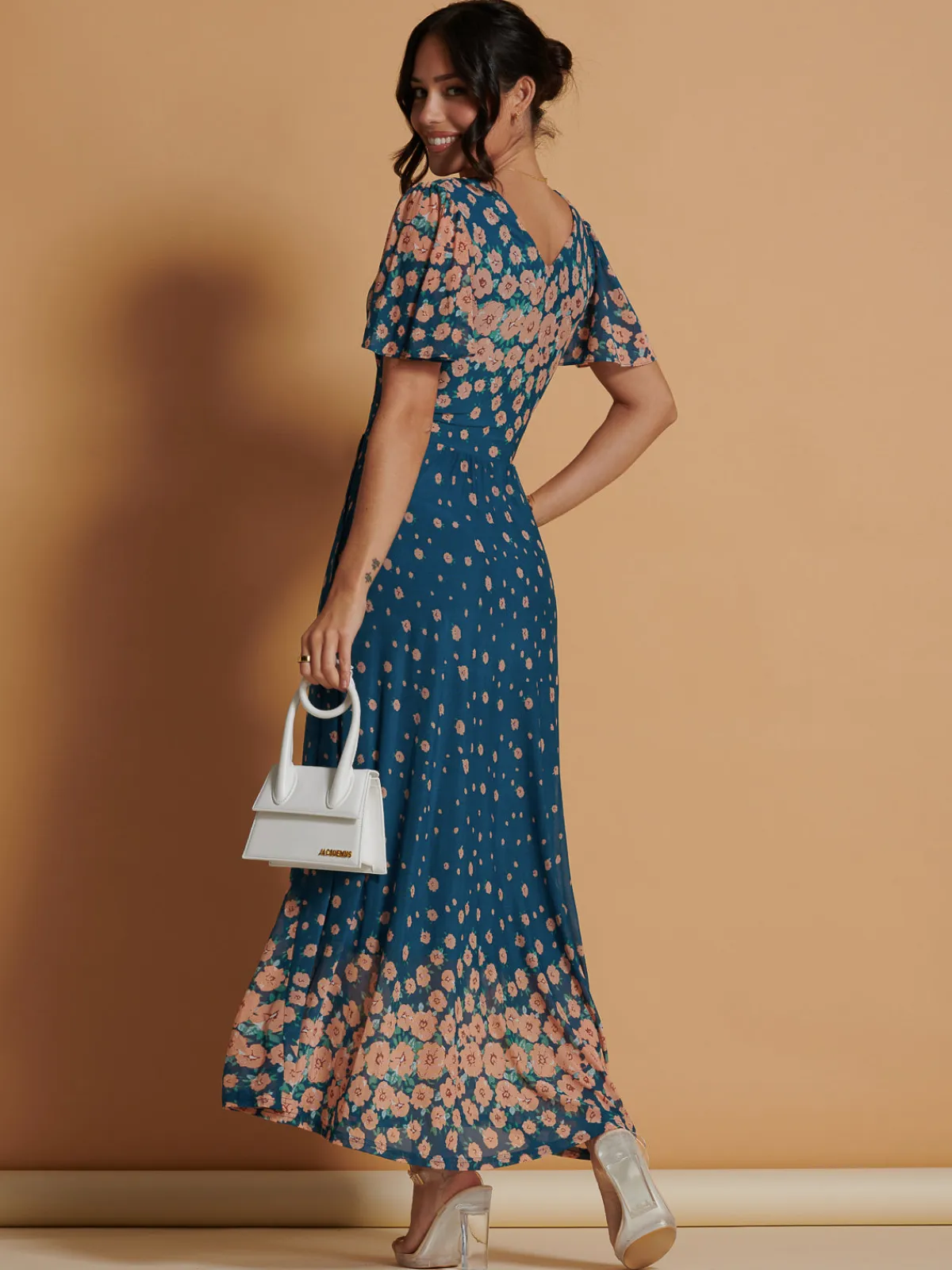Jolie Moi Occasion Dresses|Floral Dresses-Mirrored Mesh Angel Sleeve Maxi Dress, Teal