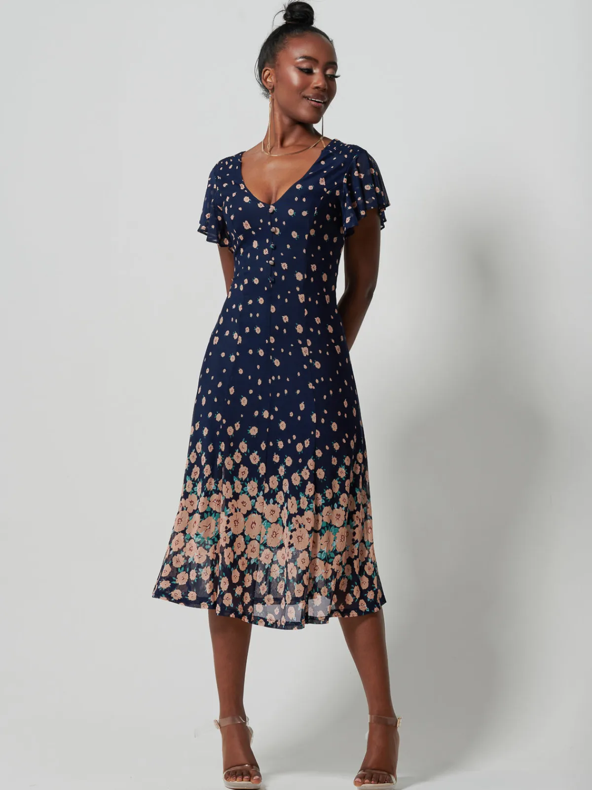 Jolie Moi Occasion Dresses|Floral Dresses-Mirrored Mesh Fit & Flare Midi Dress, Navy Floral