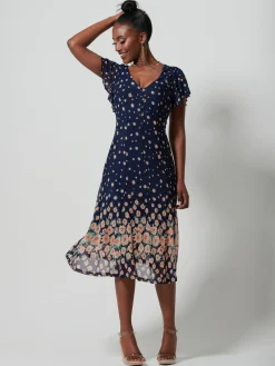 Jolie Moi Occasion Dresses|Floral Dresses-Mirrored Mesh Fit & Flare Midi Dress, Navy Floral