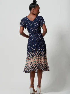 Jolie Moi Occasion Dresses|Floral Dresses-Mirrored Mesh Fit & Flare Midi Dress, Navy Floral